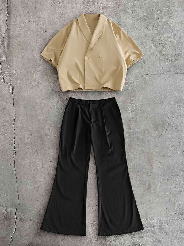 AXEPEAK Men's Solid Color Short Sleeve Shirt And Long Pants Casual Daily Outfit