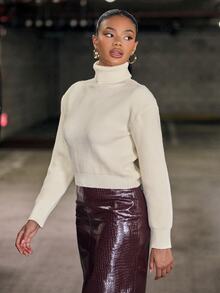 Hauture Women's Solid Color Casual High Neck Cashmere Long Sleeve Sweater - White - View 4