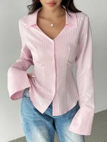Sweetra Women Striped Print Front Button Casual Long Sleeve Shirt,Long Sleeve Tops Fall Cloth For Women - Pink - View 7