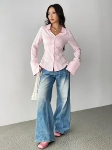 Sweetra Women Striped Print Front Button Casual Long Sleeve Shirt,Long Sleeve Tops Fall Cloth For Women - Pink - View 5