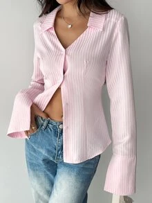 Sweetra Women Striped Print Front Button Casual Long Sleeve Shirt,Long Sleeve Tops Fall Cloth For Women - Pink - View 6