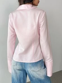Sweetra Women Striped Print Front Button Casual Long Sleeve Shirt,Long Sleeve Tops Fall Cloth For Women - Pink - View 2