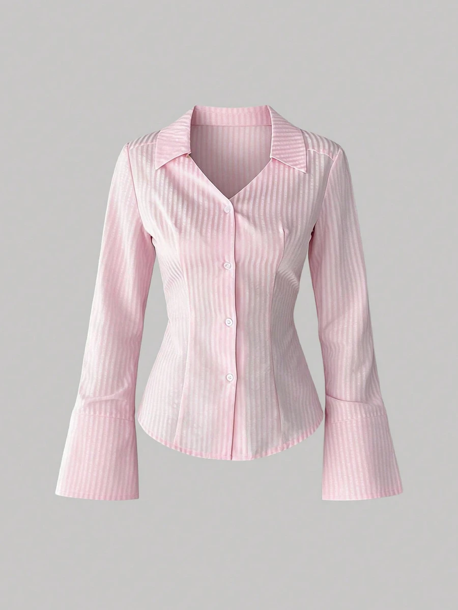 Sweetra Women Striped Print Front Button Casual Long Sleeve Shirt,Long Sleeve Tops Fall Cloth For Women - Pink - View 1