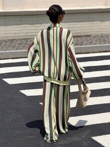 Muchica Contrast Striped Print Drop Shoulder Zip Up Jacket & Wide Leg Pants Set - Multicolor - View 2