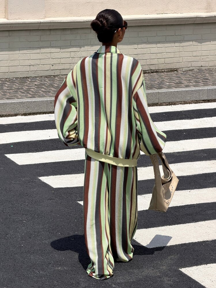 Muchica Contrast Striped Print Drop Shoulder Zip Up Jacket & Wide Leg Pants Set - Multicolor - View 2