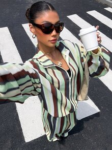 Muchica Contrast Striped Print Drop Shoulder Zip Up Jacket & Wide Leg Pants Set - Multicolor - View 5