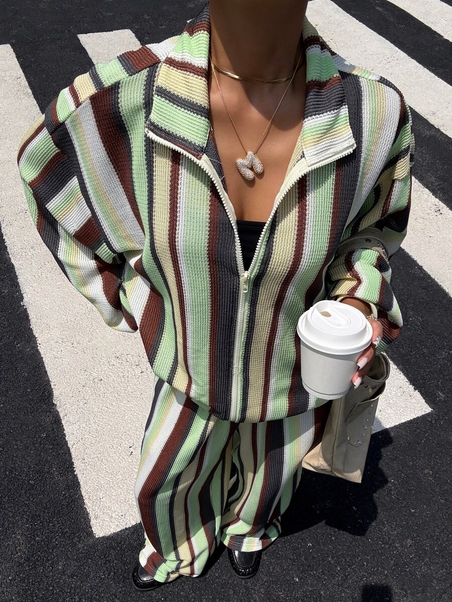 Muchica Contrast Striped Print Drop Shoulder Zip Up Jacket & Wide Leg Pants Set - Multicolor - View 1