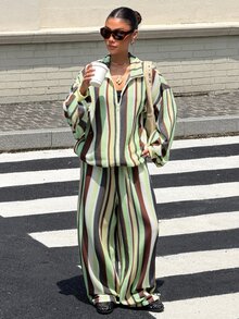 Muchica Contrast Striped Print Drop Shoulder Zip Up Jacket & Wide Leg Pants Set - Multicolor - View 6
