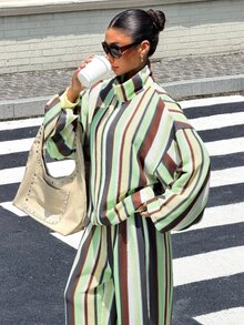 Muchica Contrast Striped Print Drop Shoulder Zip Up Jacket & Wide Leg Pants Set - Multicolor - View 4