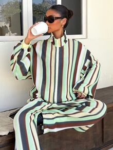 Muchica Contrast Striped Print Drop Shoulder Zip Up Jacket & Wide Leg Pants Set - Multicolor - View 3