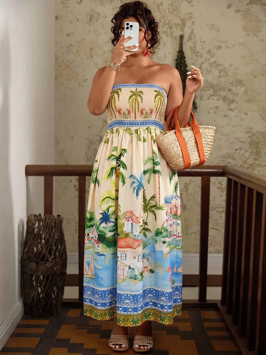 Travachic Plus Size Women's Beige Floral Print Drawstring Waist A-Line Dress, Graphic Bandeau Dress For Summer Vacation Beach Vacation - Multicolor - View 1