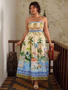 Travachic Plus Size Women's Beige Floral Print Drawstring Waist A-Line Dress, Graphic Bandeau Dress For Summer Vacation Beach Vacation - Multicolor - View 4