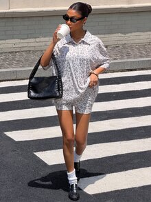 Muchica 灰色豹紋女款居家套裝 Y2K 街頭風 Polo 領半開鈕扣短袖上衣＋鬆緊腰短褲 休閒秋季外出早午餐穿搭 - 綠色 - 查看 4