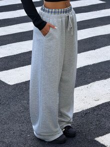 Muchica 女款燕灰色仿兩件式寬腿運動長褲 Y2K 格紋對比腰部抽繩彈性腰鬆弛休閒秋季外出慢跑褲 - 灰色 - 查看 6