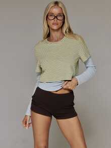 MUSERA Blue Green Stripe Double Layered Long Sleeve Tshirt Cute Daily Everyday Coolgirl Undone - Multicolor - View 2