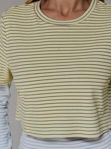 MUSERA Blue Green Stripe Double Layered Long Sleeve Tshirt Cute Daily Everyday Coolgirl Undone - Multicolor - View 6