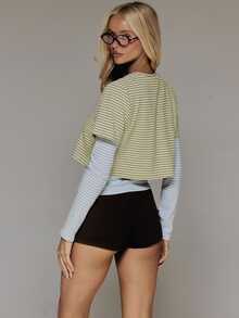 MUSERA Blue Green Stripe Double Layered Long Sleeve Tshirt Cute Daily Everyday Coolgirl Undone - Multicolor - View 5
