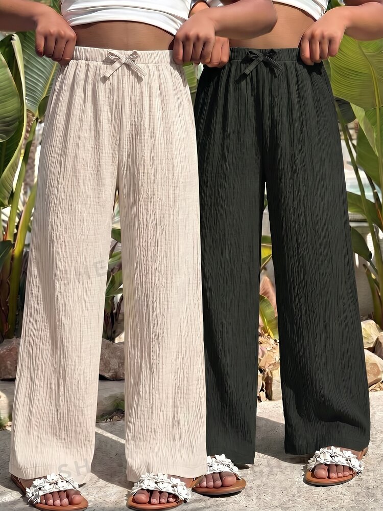 SHEIN Sparklyn Tween Girls Fall Clothes Wide Leg Straight Casual Modest Kawaii Solid Color Loose Fit Pants, Autumn, Minimalist, Back To School, Outfit Beige Black - Black and White - View 1