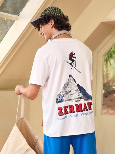 Whitmere Herren Sommer Alltag Lässig Amerikanisch Retro "Matterhorn-Skier" Grafik Rundhals Kurzarm T-Shirt, geeignet für Zuhause, Büro, Outdoor, Stadt, Regular, Street, Lässig, Jugend, Minimalistisch, Campus, Vielseitig, Strukturiert, Elegant, Personalisiert, Sport