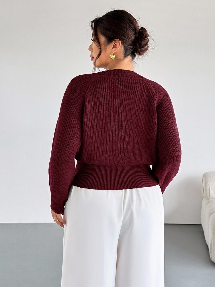 Firerie Plus Size Solid Color Front Button Long Sleeve Casual Knit Cardigan In Fall/Winter Wine Red Top - Red - View 2