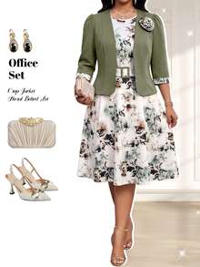 Fleurora Plus Size Women's Floral Print Dress And 3D Floral Decor Cardigan Casual Daily 2 Pieces Set Fall Elegant Women's Set Wedding Guest Dress Green Dress - Multicolor - View 2