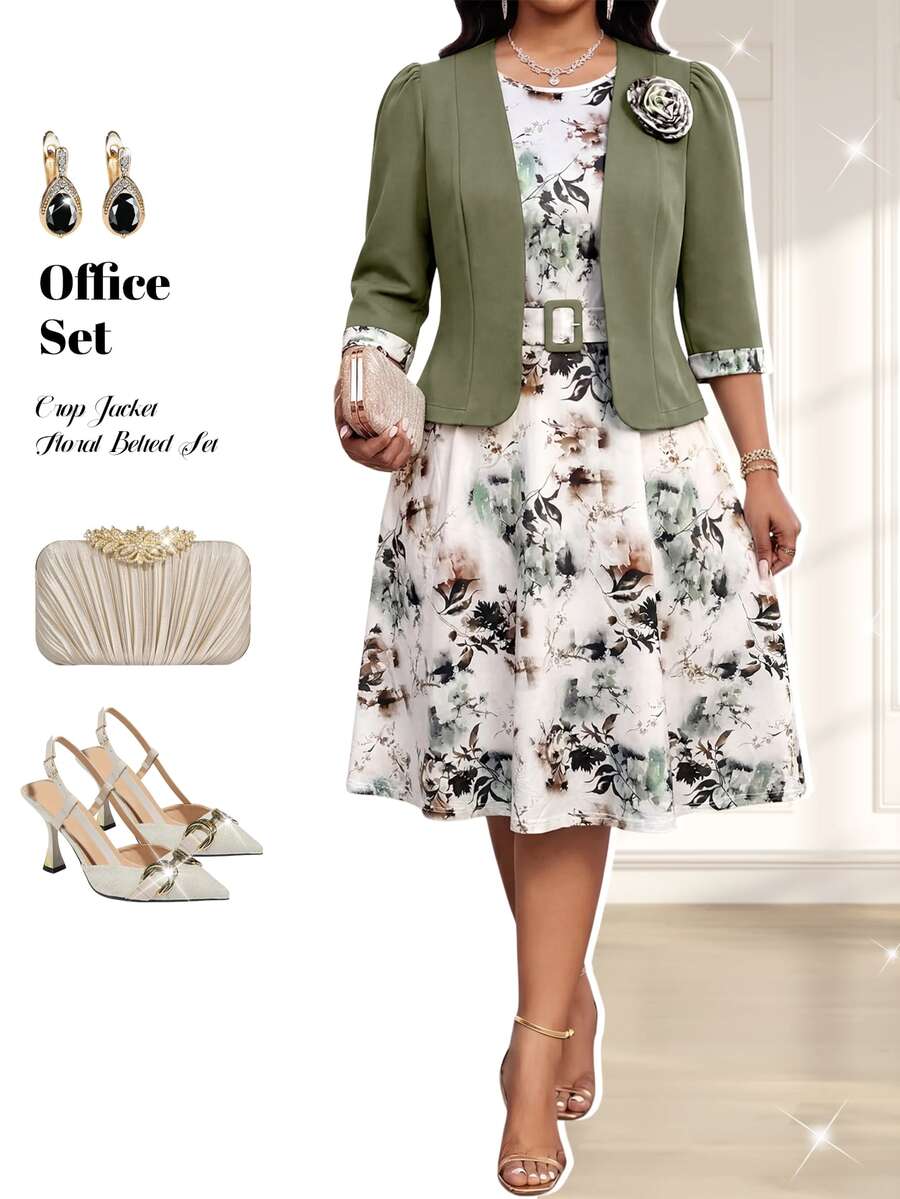 Fleurora Plus Size Women's Floral Print Dress And 3D Floral Decor Cardigan Casual Daily 2 Pieces Set Fall Elegant Women's Set Wedding Guest Dress Green Dress
