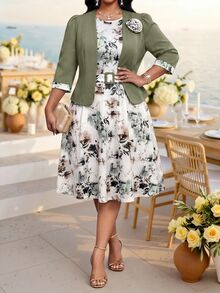 Fleurora Plus Size Women's Floral Print Dress And 3D Floral Decor Cardigan Casual Daily 2 Pieces Set Fall Elegant Women's Set Wedding Guest Dress Green Dress - Multicolor - View 7