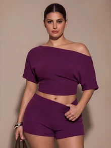 SHEIN BAE CURVE 大尺碼不對稱肩 캐시米爾針織短袖上衣與低腰短褲套裝，春夏條紋兩件式套裝，基礎兩件式套裝 - 中紫紅色 - 查看 10