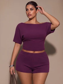 SHEIN BAE CURVE 大尺碼不對稱肩 캐시米爾針織短袖上衣與低腰短褲套裝，春夏條紋兩件式套裝，基礎兩件式套裝 - 中紫紅色 - 查看 7