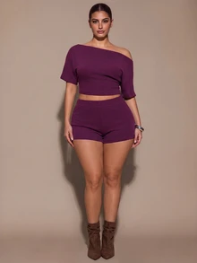 SHEIN BAE CURVE 大尺碼不對稱肩 캐시米爾針織短袖上衣與低腰短褲套裝，春夏條紋兩件式套裝，基礎兩件式套裝 - 中紫紅色 - 查看 8