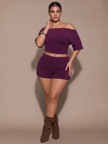 SHEIN BAE CURVE 大尺碼不對稱肩 캐시米爾針織短袖上衣與低腰短褲套裝，春夏條紋兩件式套裝，基礎兩件式套裝 - 中紫紅色 - 查看 4