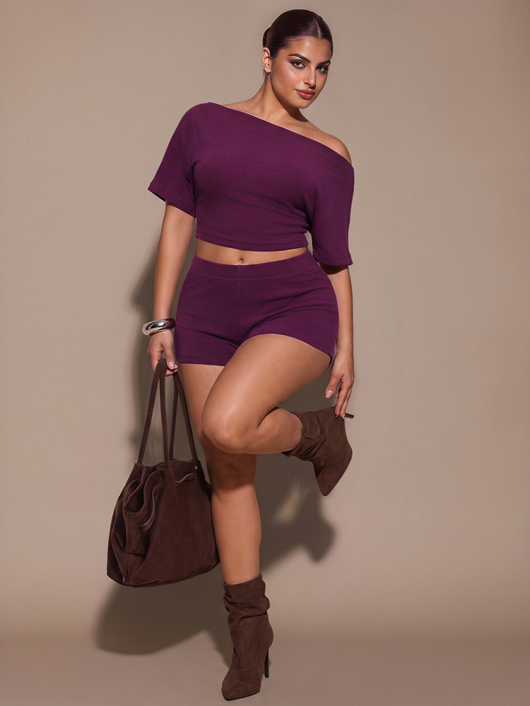 SHEIN BAE CURVE Plus Size Asymmetric Shoulder Cashmere Knit Short Sleeve Top And Low Waist Shorts Set, Spring/Summer Striped Two Pieces Set, Basic Two Pieces Set, - Red Violet - View 3