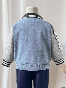 SHEIN Baby Boy Casual Jacket, Patchwork Sleeves With Contrast Ribbed Cuffs, Embroidered Bear Letter Number Patch, Spring Autumn Winter Fashion Item, Suitable For Casual Daily Streetwear - Multicolor - View 2