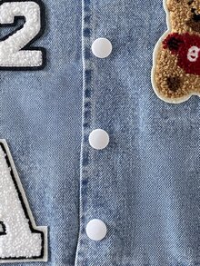 SHEIN Baby Boy Casual Jacket, Patchwork Sleeves With Contrast Ribbed Cuffs, Embroidered Bear Letter Number Patch, Spring Autumn Winter Fashion Item, Suitable For Casual Daily Streetwear - Multicolor - View 8