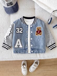 SHEIN Baby Boy Casual Jacket, Patchwork Sleeves With Contrast Ribbed Cuffs, Embroidered Bear Letter Number Patch, Spring Autumn Winter Fashion Item, Suitable For Casual Daily Streetwear - Multicolor - View 1