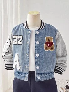 SHEIN Baby Boy Casual Jacket, Patchwork Sleeves With Contrast Ribbed Cuffs, Embroidered Bear Letter Number Patch, Spring Autumn Winter Fashion Item, Suitable For Casual Daily Streetwear - Multicolor - View 3