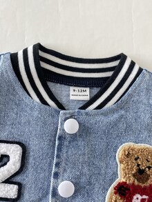 SHEIN Baby Boy Casual Jacket, Patchwork Sleeves With Contrast Ribbed Cuffs, Embroidered Bear Letter Number Patch, Spring Autumn Winter Fashion Item, Suitable For Casual Daily Streetwear - Multicolor - View 4