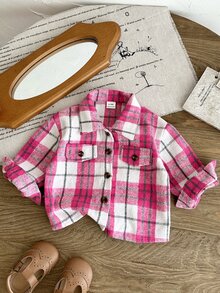 SHEIN Playful Pals 幼女格紋襯衫外套 可愛學院風 粉色白色玫瑰鈕扣口袋法蘭絨長袖翻領校園派對秋季舒適公主格紋 - 粉色 - 查看 7