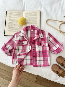 SHEIN Playful Pals 幼女格紋襯衫外套 可愛學院風 粉色白色玫瑰鈕扣口袋法蘭絨長袖翻領校園派對秋季舒適公主格紋 - 粉色 - 查看 5