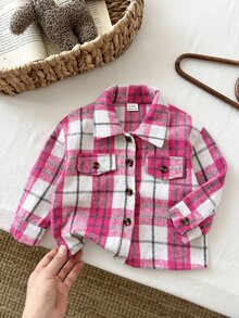 SHEIN Playful Pals 幼女格紋襯衫外套 可愛學院風 粉色白色玫瑰鈕扣口袋法蘭絨長袖翻領校園派對秋季舒適公主格紋 - 粉色 - 查看 4