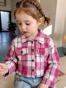 SHEIN Playful Pals 幼女格紋襯衫外套 可愛學院風 粉色白色玫瑰鈕扣口袋法蘭絨長袖翻領校園派對秋季舒適公主格紋 - 粉色 - 查看 3