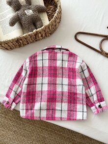 SHEIN Playful Pals 幼女格紋襯衫外套 可愛學院風 粉色白色玫瑰鈕扣口袋法蘭絨長袖翻領校園派對秋季舒適公主格紋 - 粉色 - 查看 2