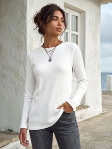 Faunlyn 女款純色圓領長袖休閒羅紋T恤 秋季米白色保暖T恤 旅行穿搭 - 白色 - 查看 6