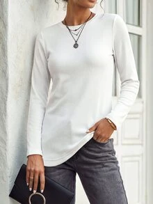 Faunlyn 女款純色圓領長袖休閒羅紋T恤 秋季米白色保暖T恤 旅行穿搭 - 白色 - 查看 7