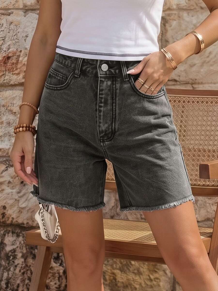EMERY ROSE Casual Washed Raw Hem Denim Shorts For Summer - Grey - View 1