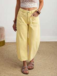 SHEIN LUNE 女士纯色拉链纽扣口袋休闲牛仔裤 - 黃色 - 查看 6