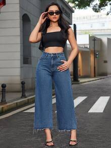 EMERY ROSE High Waist Raw Hem Wide Leg Jeans - Dark Wash - View 8
