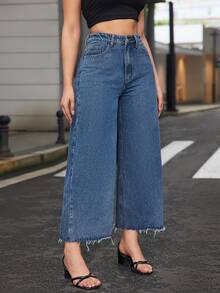 EMERY ROSE High Waist Raw Hem Wide Leg Jeans - Dark Wash - View 5