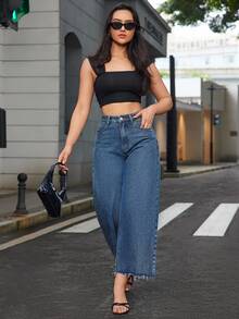 EMERY ROSE High Waist Raw Hem Wide Leg Jeans - Dark Wash - View 4