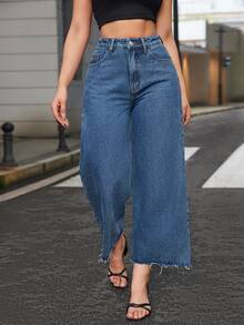 EMERY ROSE High Waist Raw Hem Wide Leg Jeans - Dark Wash - View 7